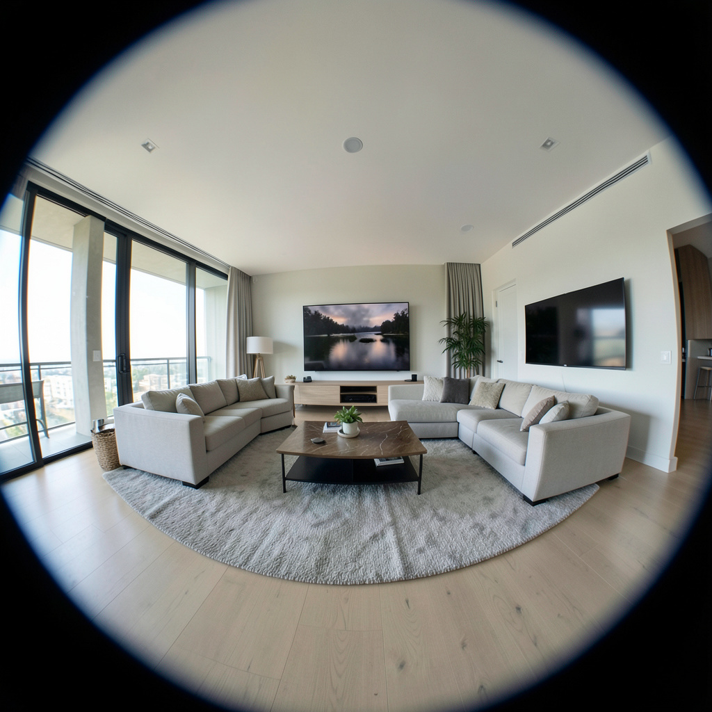A wide-angle shot of a modern living room interior showing e