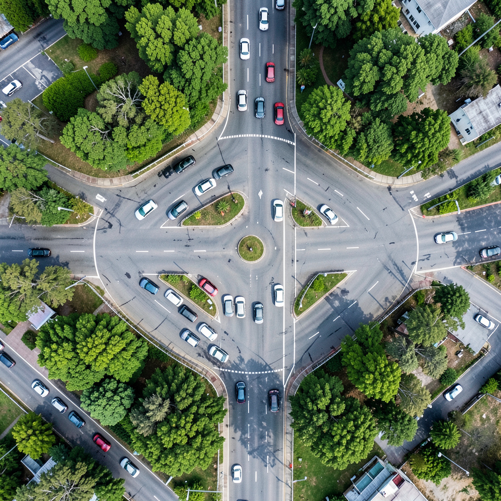 An aerial bird's-eye view looking straight down at a traffic