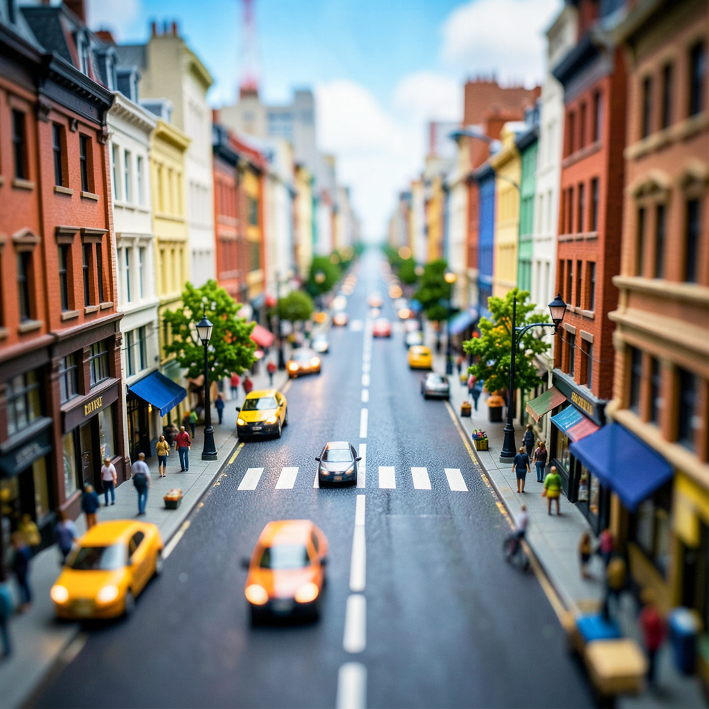 A tilt-shift photograph of a city street making real-life lo