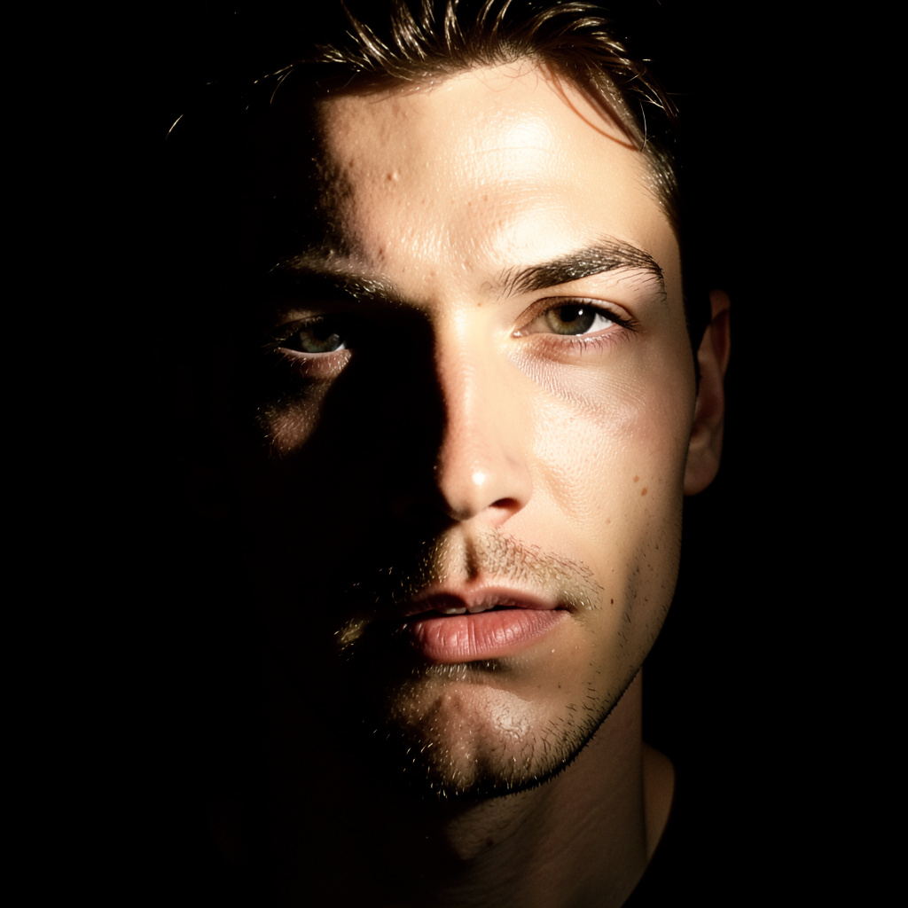A portrait with dramatic split lighting — half the face brig