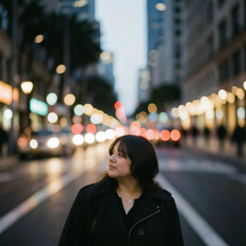 A street photograph with shallow depth of field as if shot a