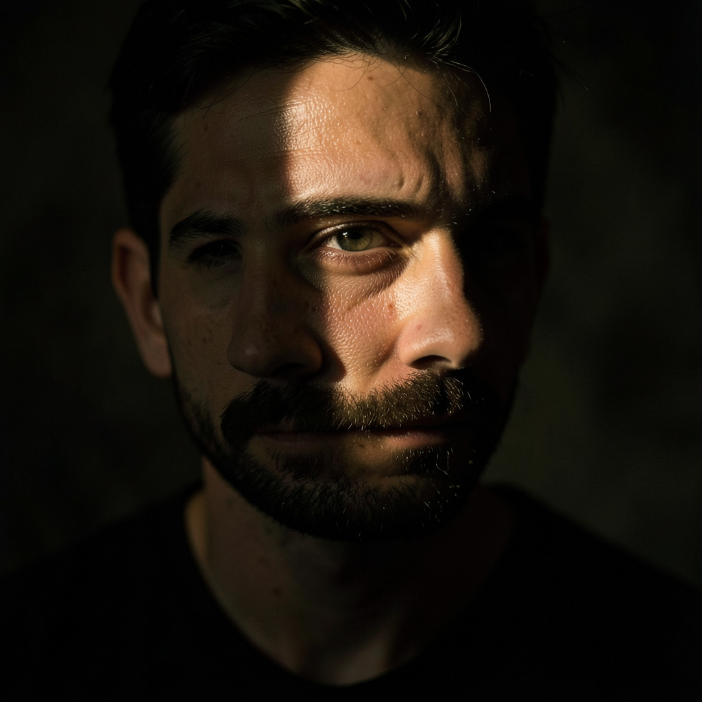 A portrait lit with classic Rembrandt lighting — triangle of