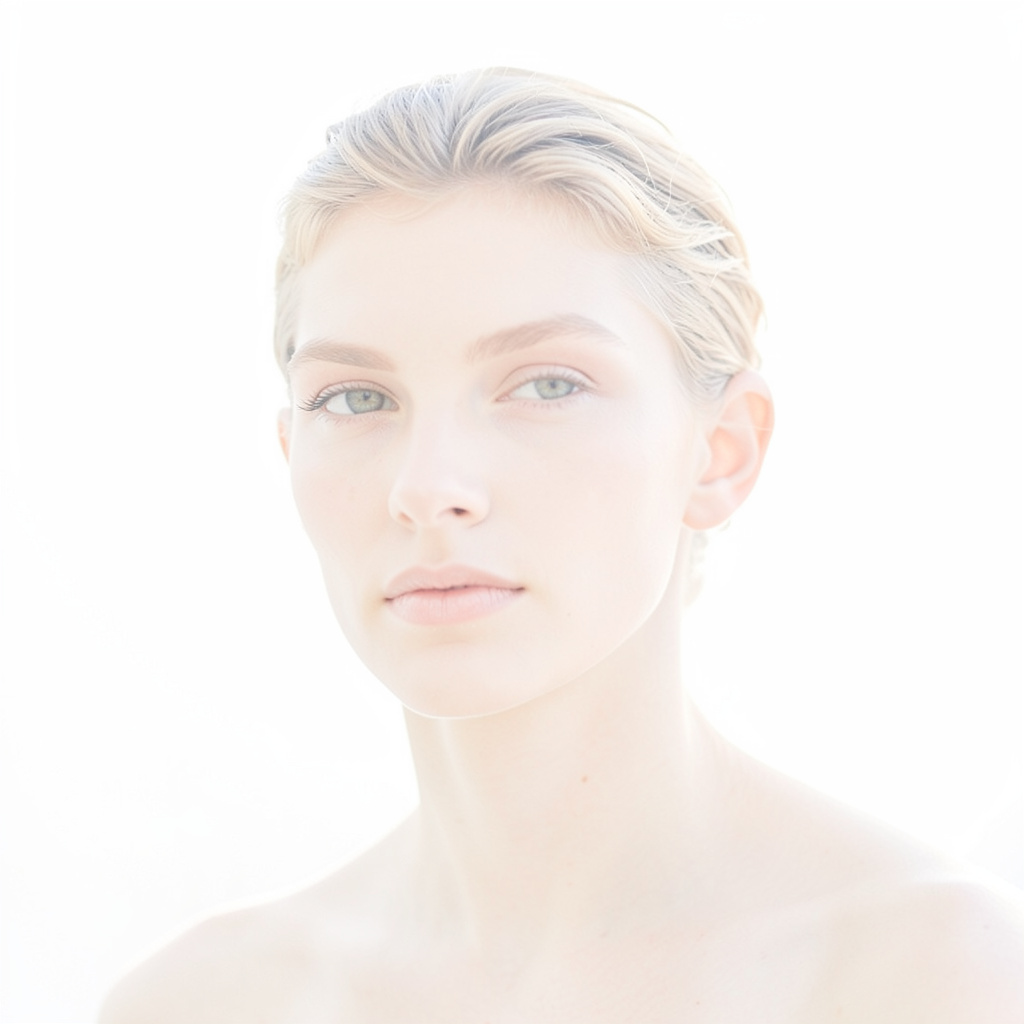 A high-key portrait of a person against a bright white backg