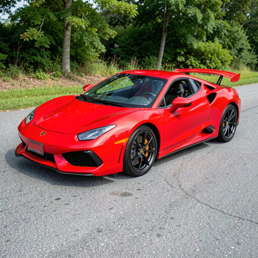 A bright red sports car parked on a gray asphalt road — the 