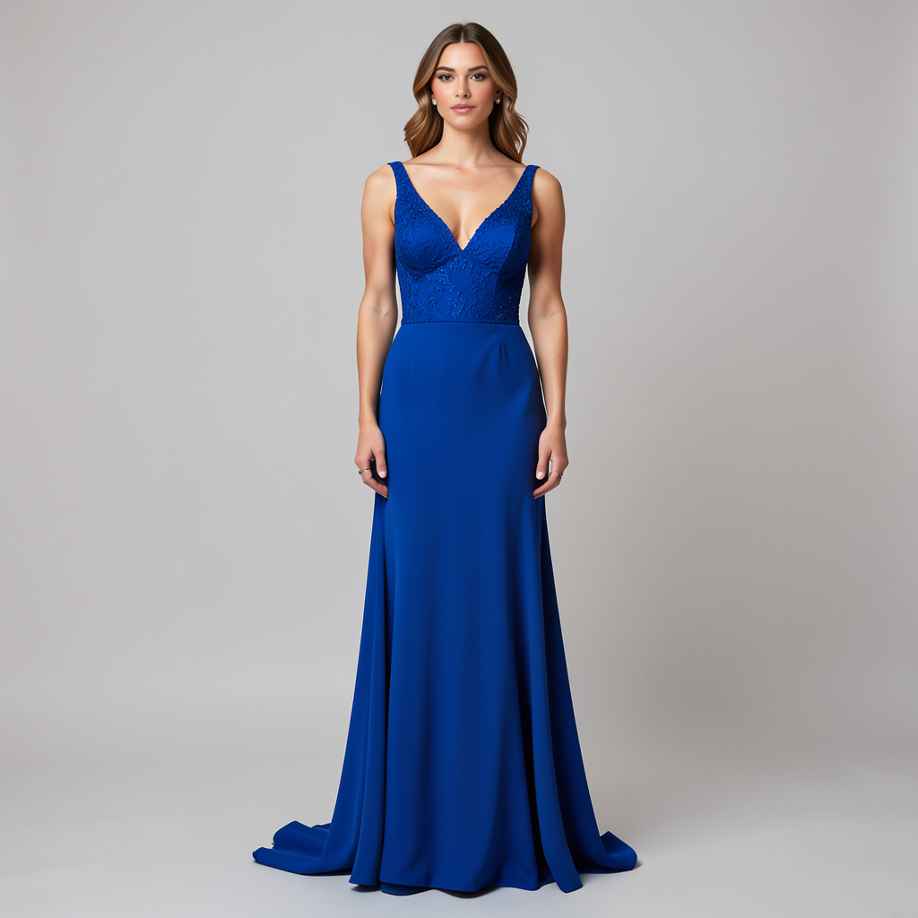 A woman wearing a royal blue evening dress against a neutral