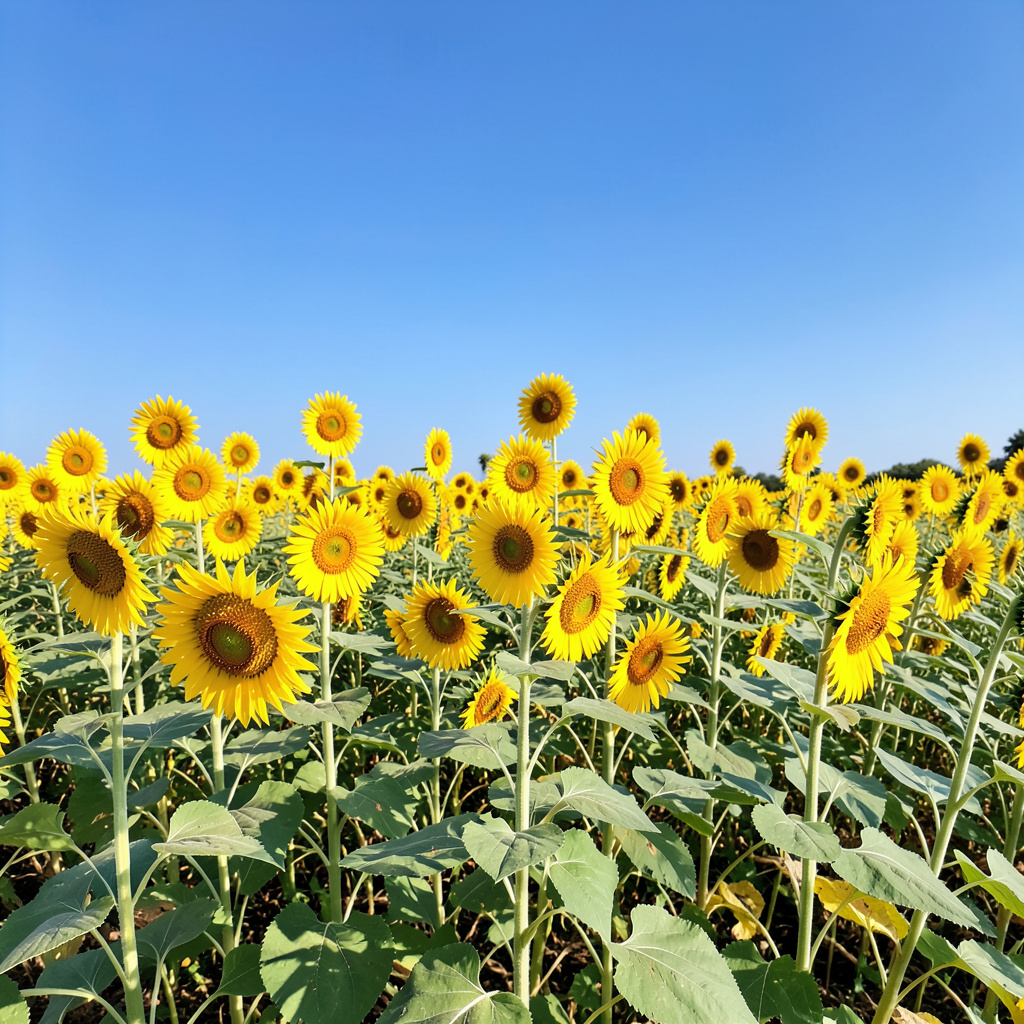 A field of pure sunflower yellow flowers under a clear blue 