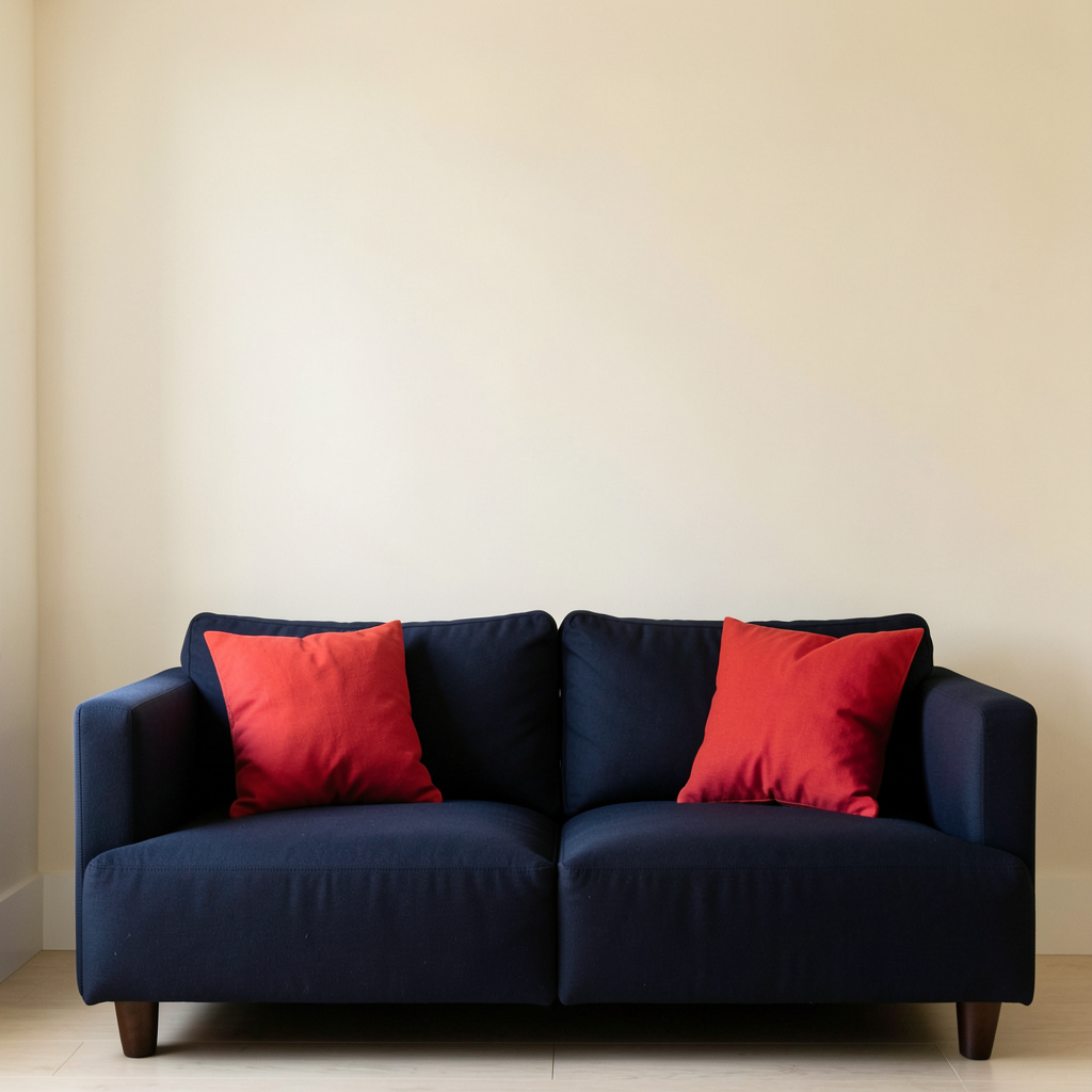 A minimalist room with walls in #F5E6CC (warm cream), a sofa