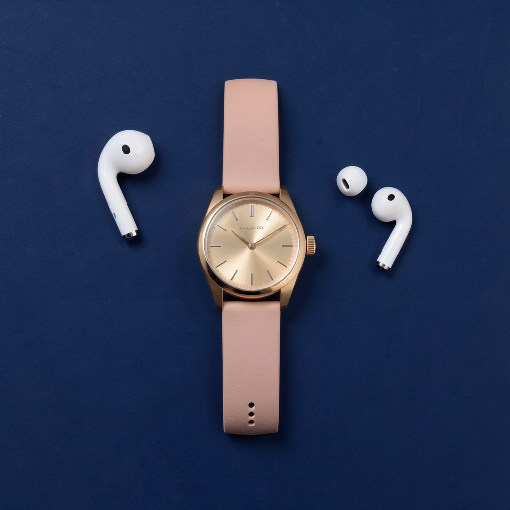 A product flat-lay on a #1A1A2E (deep dark blue) background,