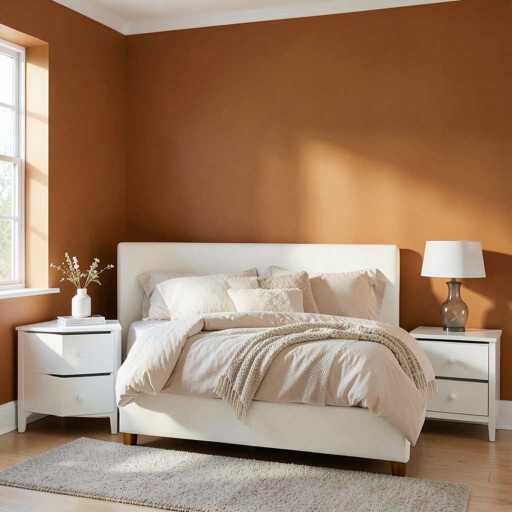 A bedroom wall painted in #FF6B35 (burnt orange) with white 