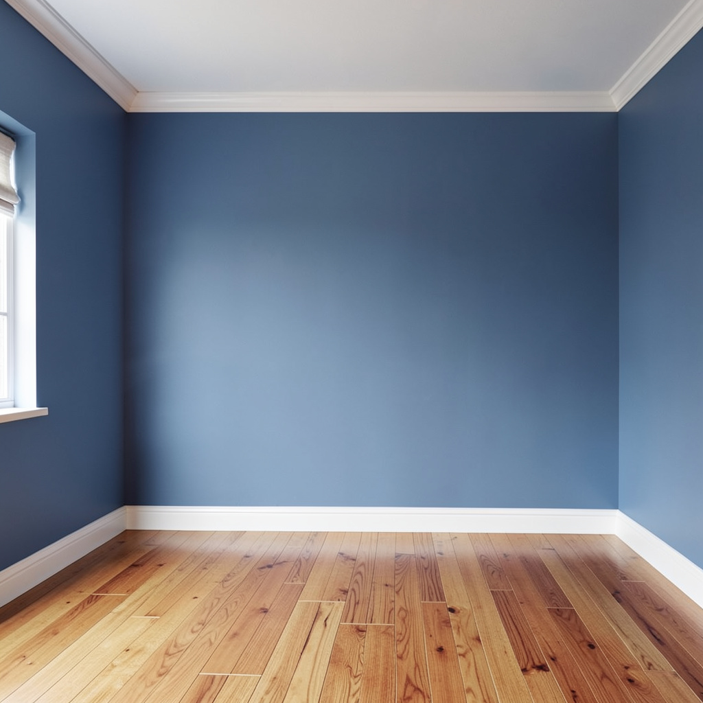 A room with walls in #4A90D9 (medium blue) with warm wooden 