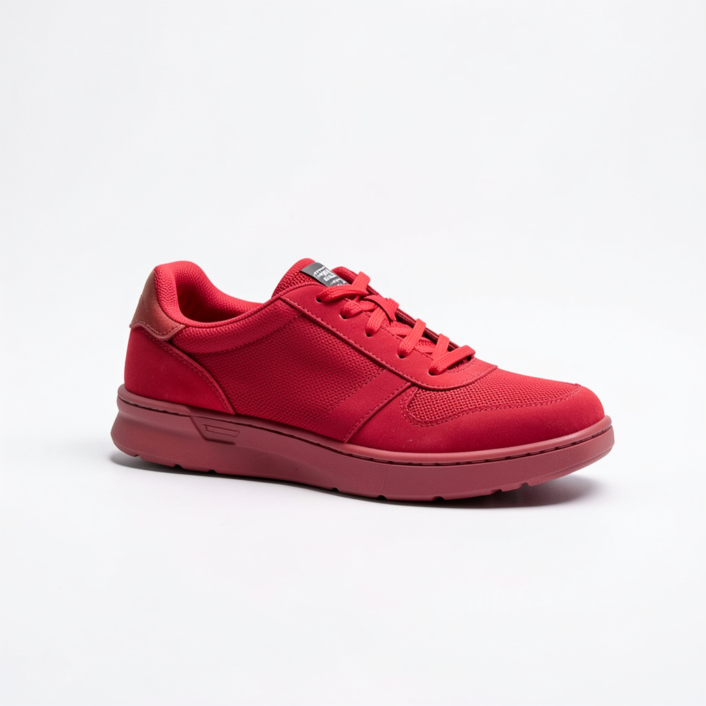 A single red sneaker on a clean white background with soft s