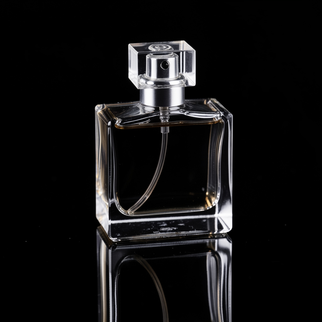 A clear glass perfume bottle on a reflective black surface w