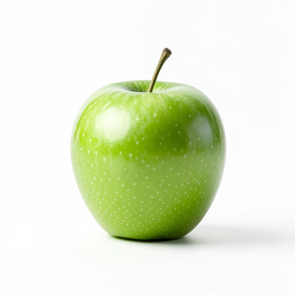 A ripe green apple on a seamless white background with soft 