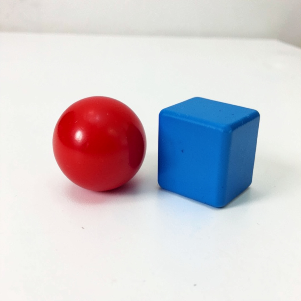 A red ball and a blue cube sitting side by side on a white s