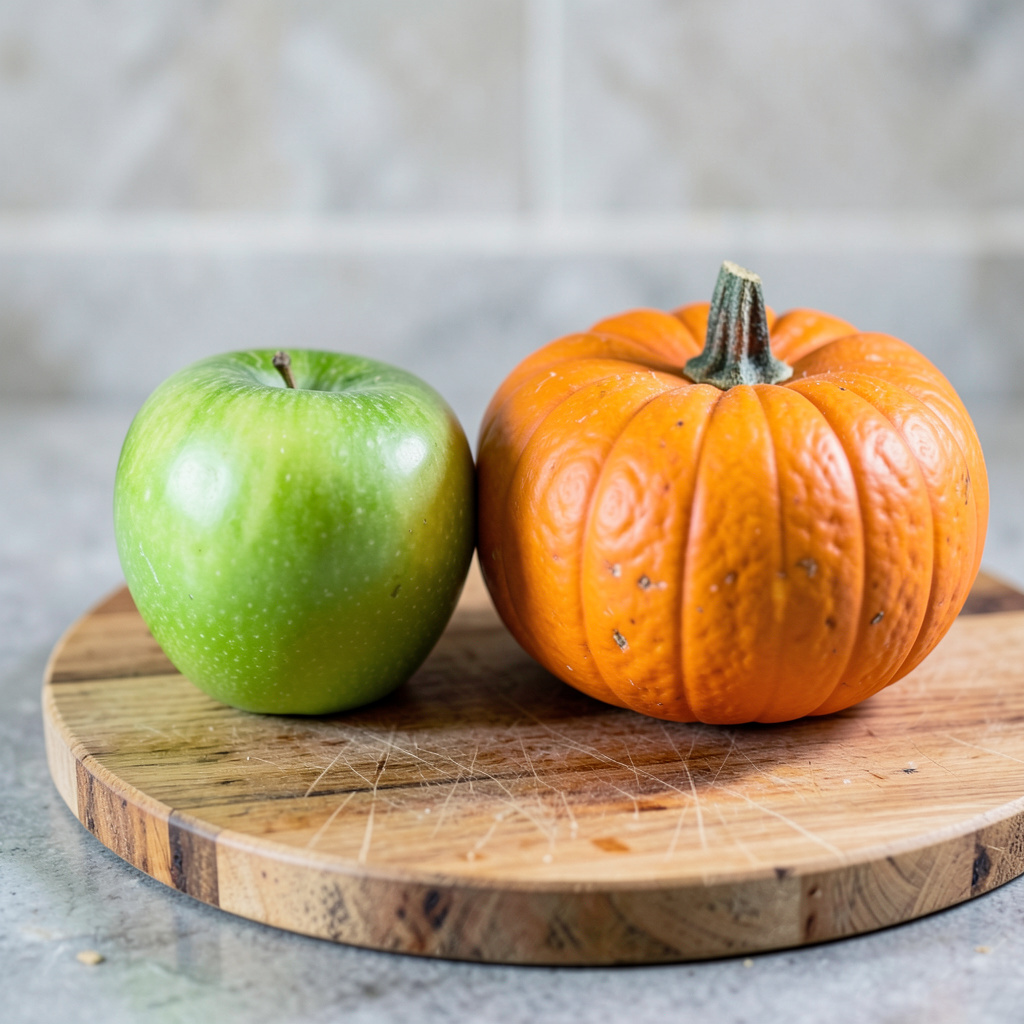A green apple and an orange pumpkin on a wooden cutting boar