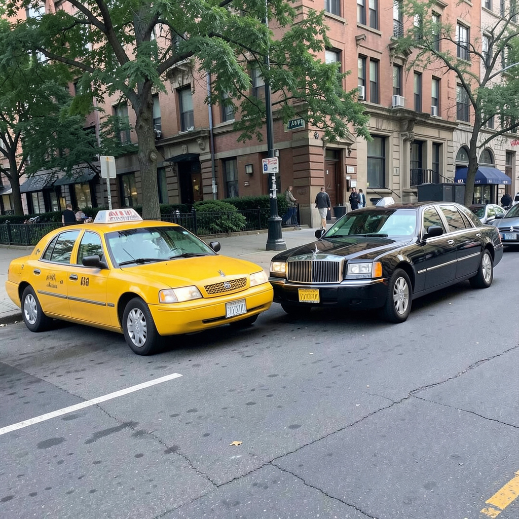 A yellow taxi and a black limousine parked next to each othe