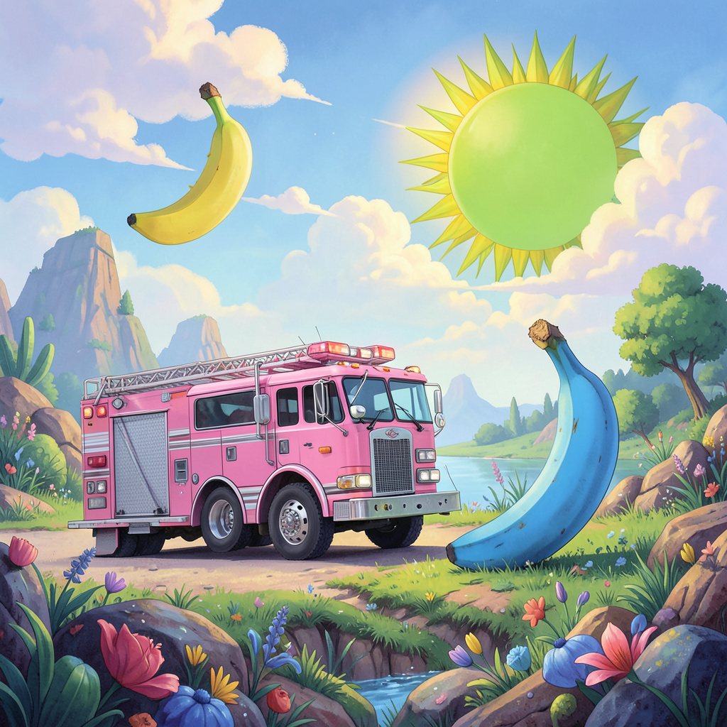 A pink fire truck, a blue banana, and a green sun in a surre