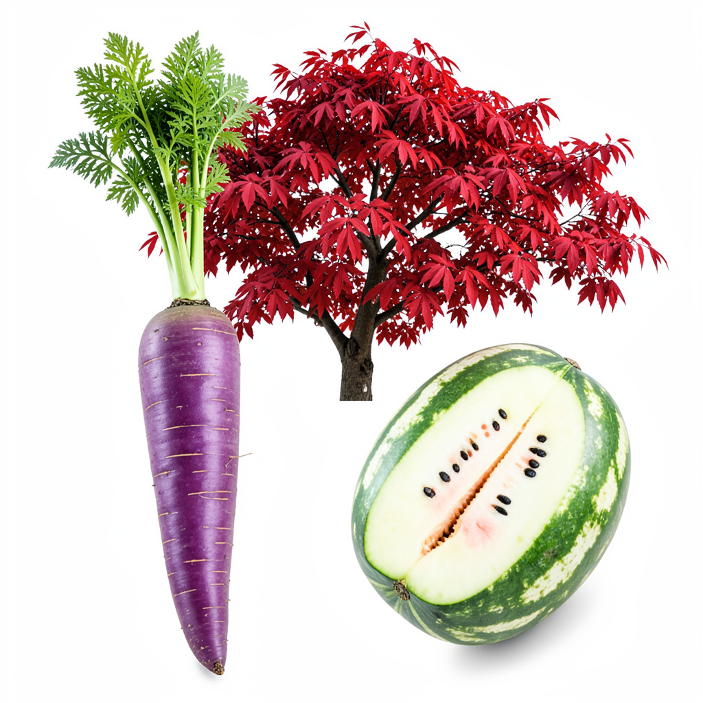 A purple carrot, a red tree with red leaves, and a white wat