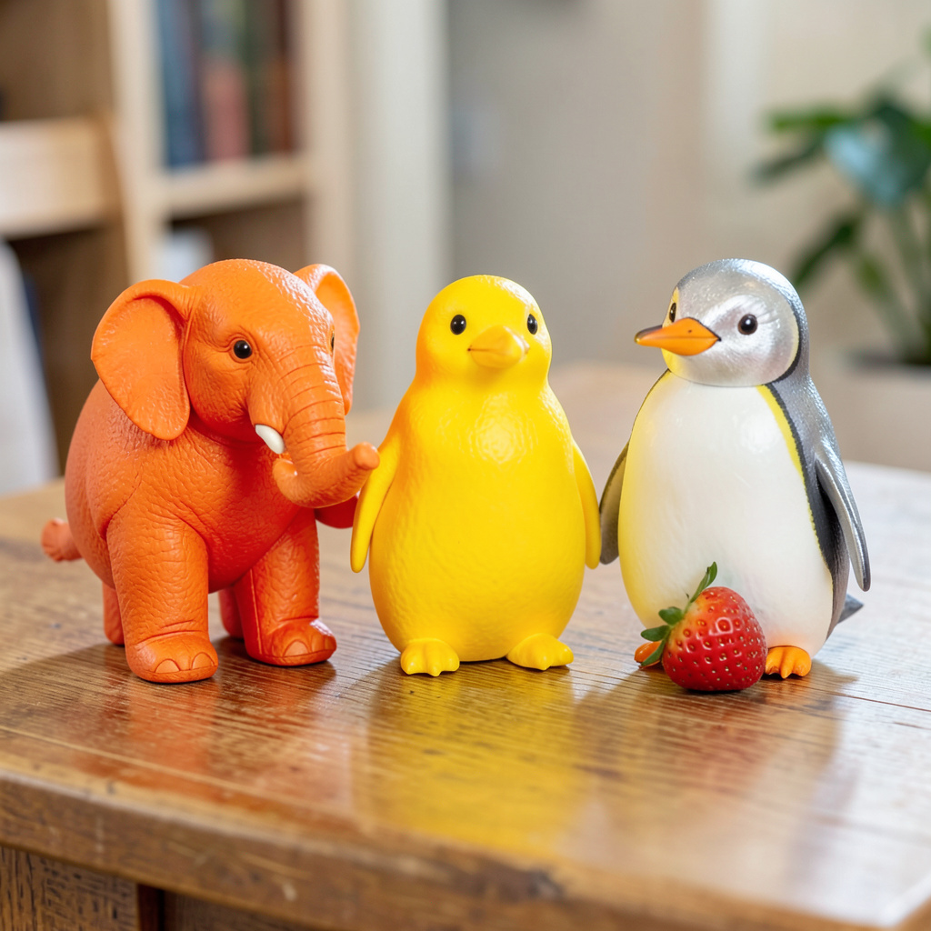 An orange elephant, a yellow penguin, and a silver strawberr