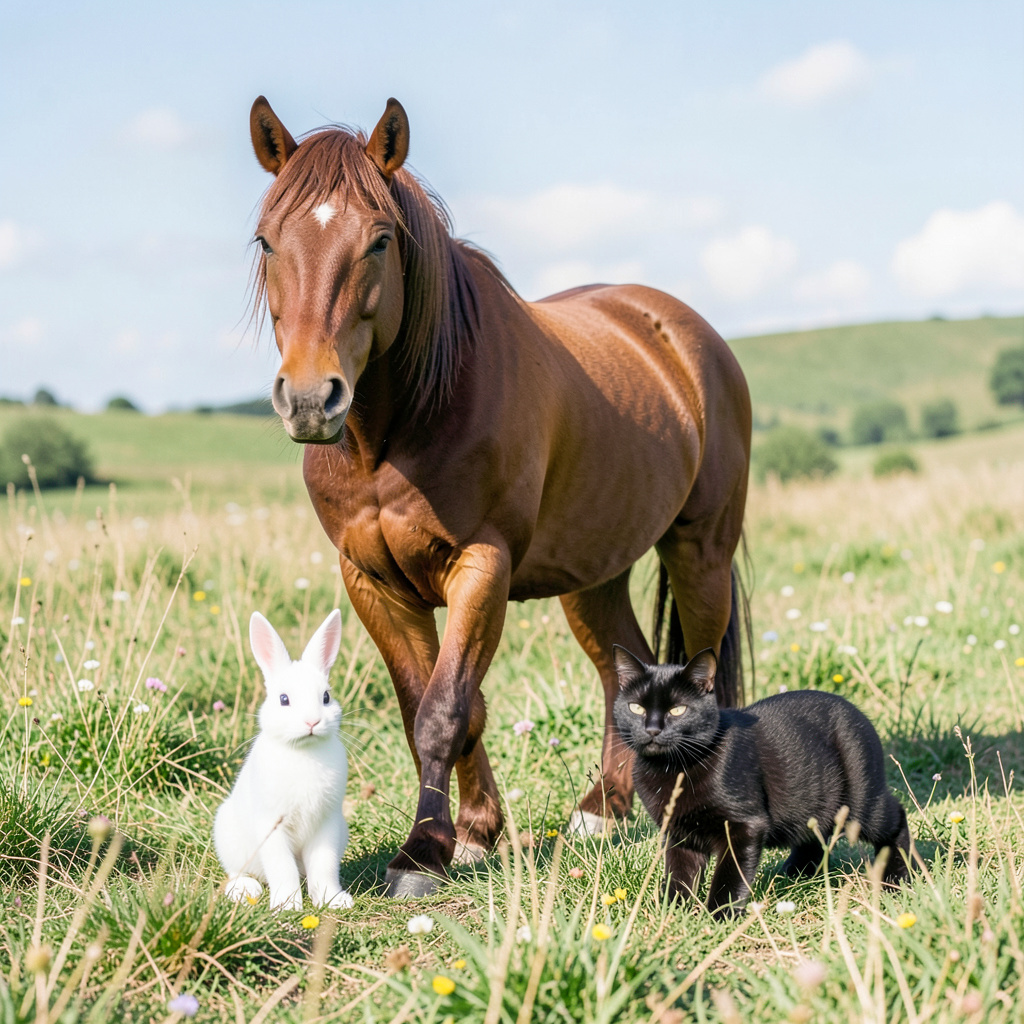 A big brown horse, a small white rabbit, and a medium-sized 