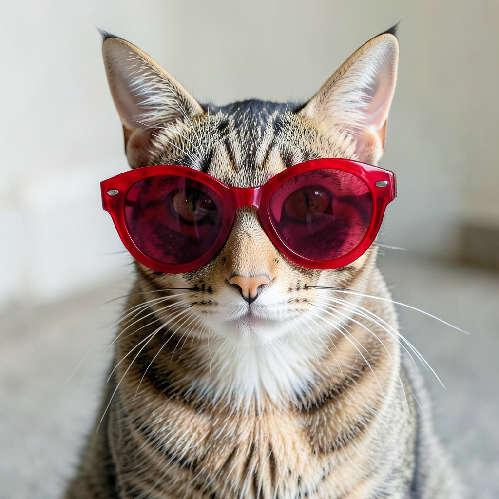 A tabby cat wearing oversized red sunglasses