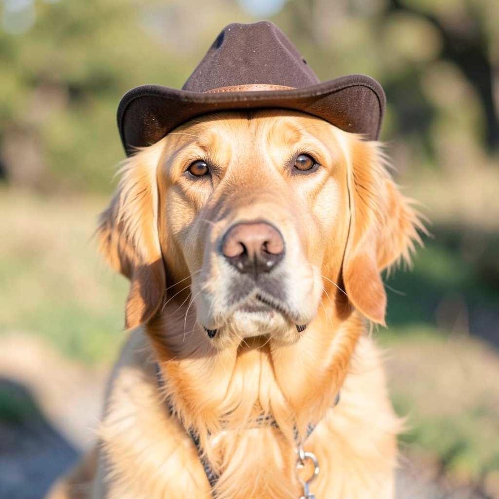 A golden retriever wearing a tiny cowboy hat
