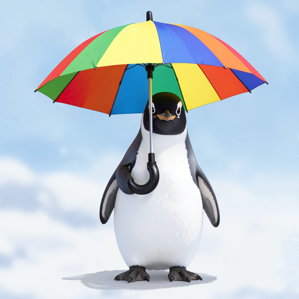 A penguin holding a colorful umbrella