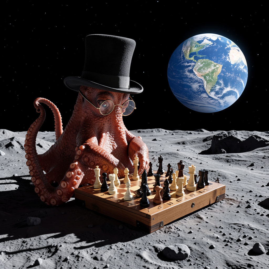 An octopus wearing a top hat and monocle playing chess on th