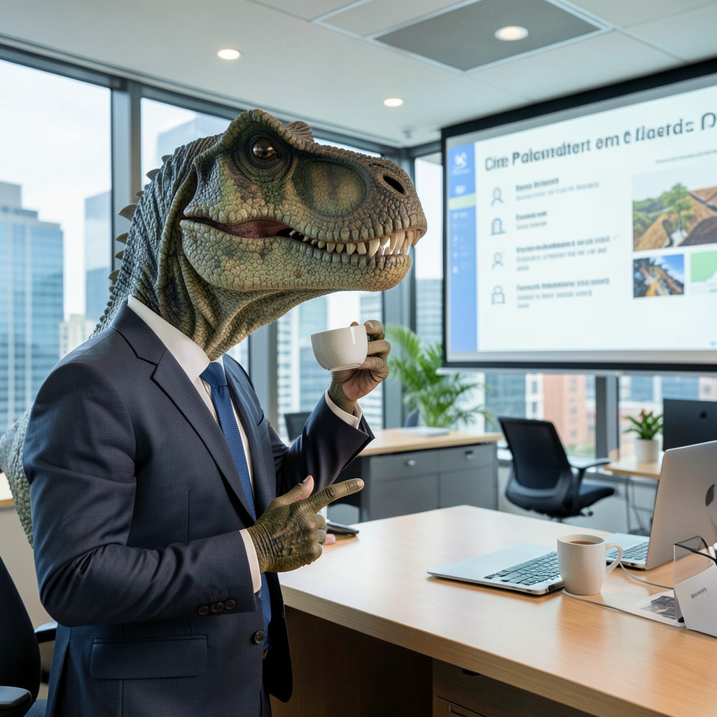 A dinosaur in a business suit giving a PowerPoint presentati