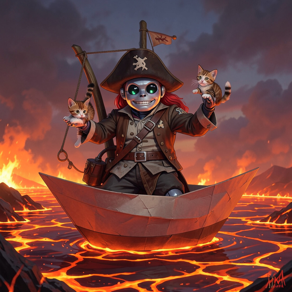 A robot dressed as a pirate sailing a paper boat on a lake o