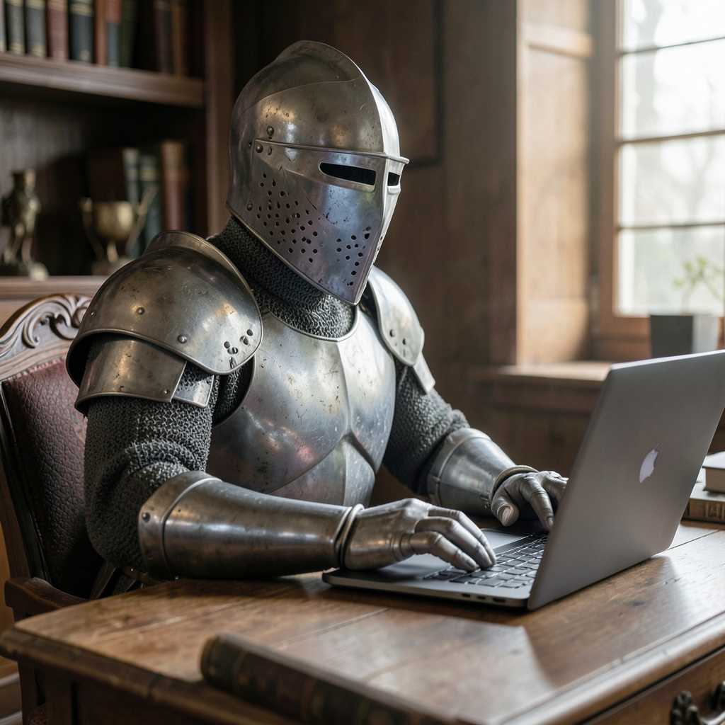 A medieval knight in full armor sitting at a desk typing on 
