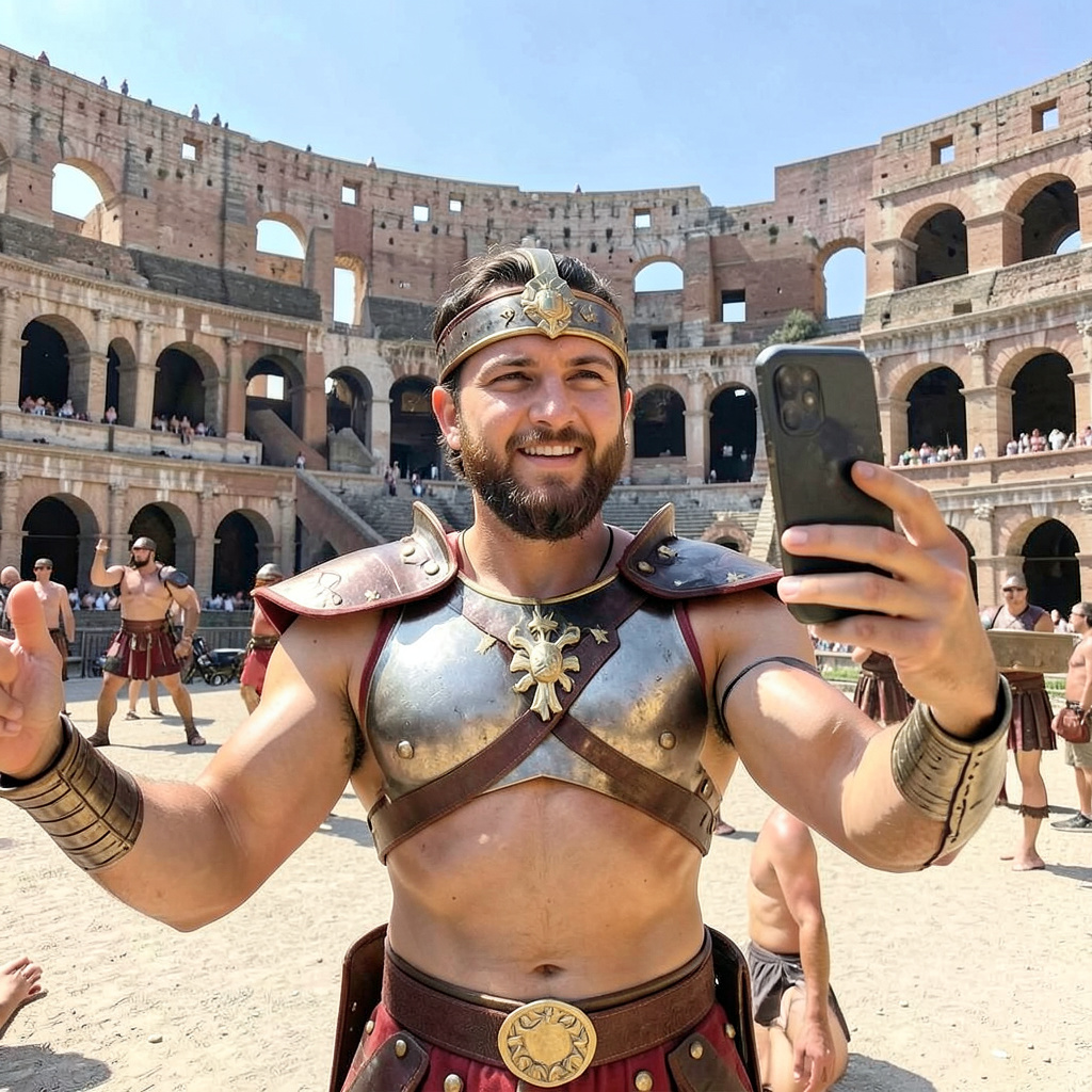 A Roman gladiator taking a selfie with a smartphone in the C