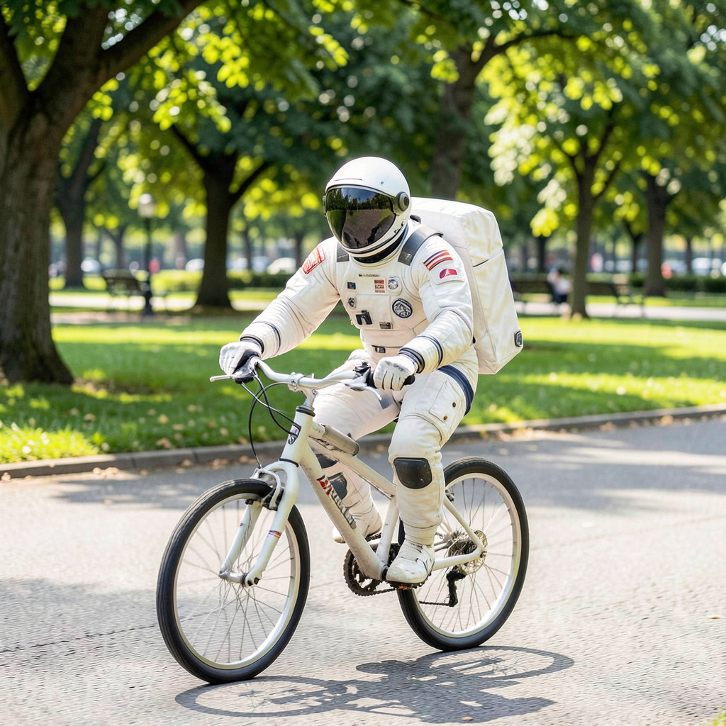 An astronaut in a spacesuit riding a bicycle through a park