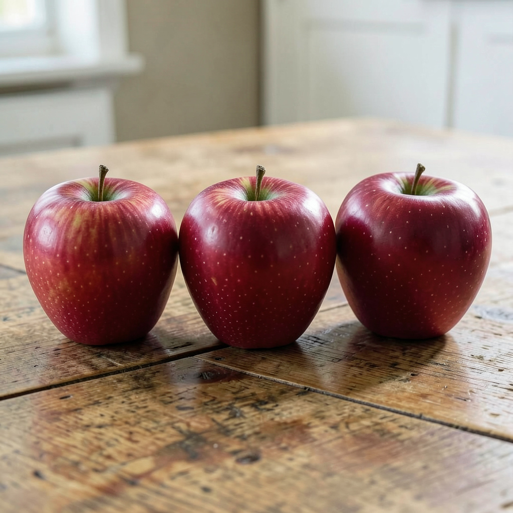 Exactly 3 red apples arranged on a wooden table