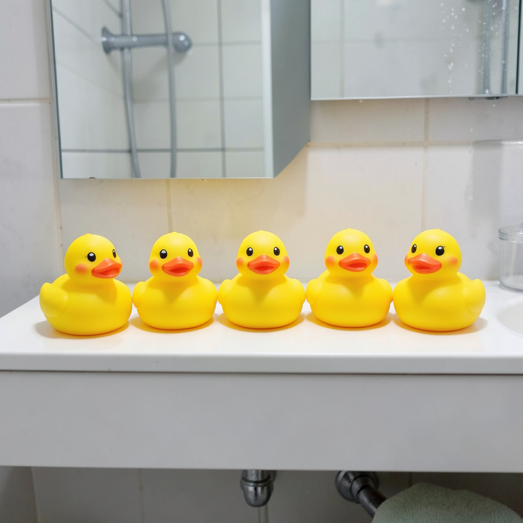 Exactly 5 yellow rubber ducks sitting in a row on a bathroom