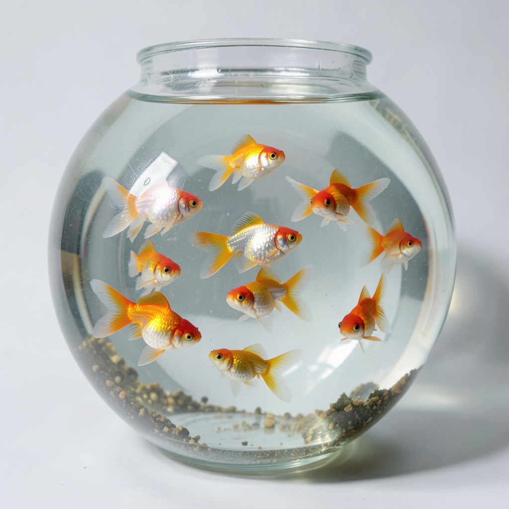 Exactly 9 goldfish swimming in a large round fishbowl
