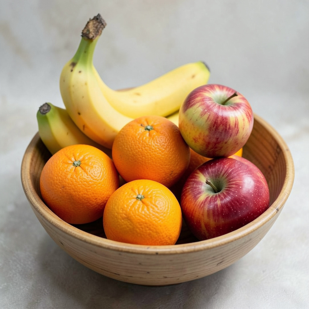 A fruit bowl containing exactly 3 bananas, 4 oranges, and 2 