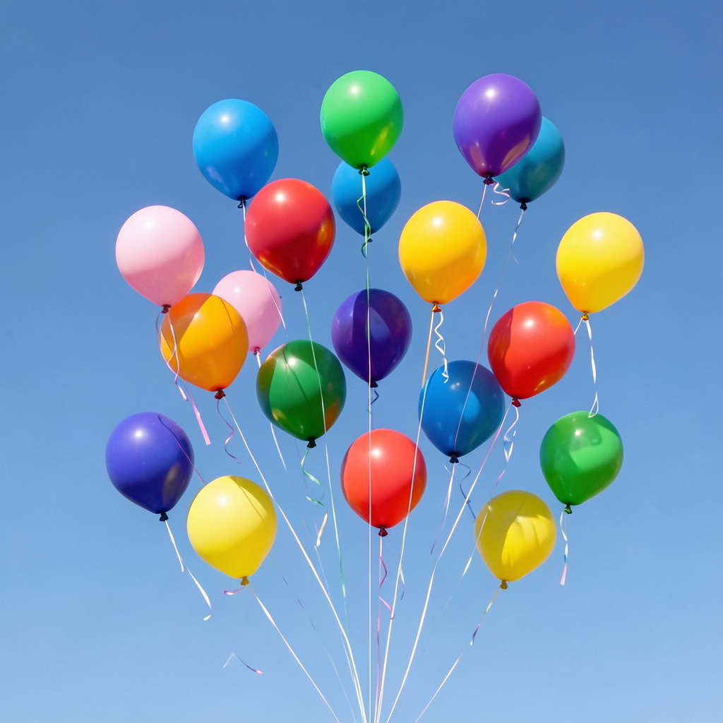 Exactly 11 colorful balloons floating against a clear blue s