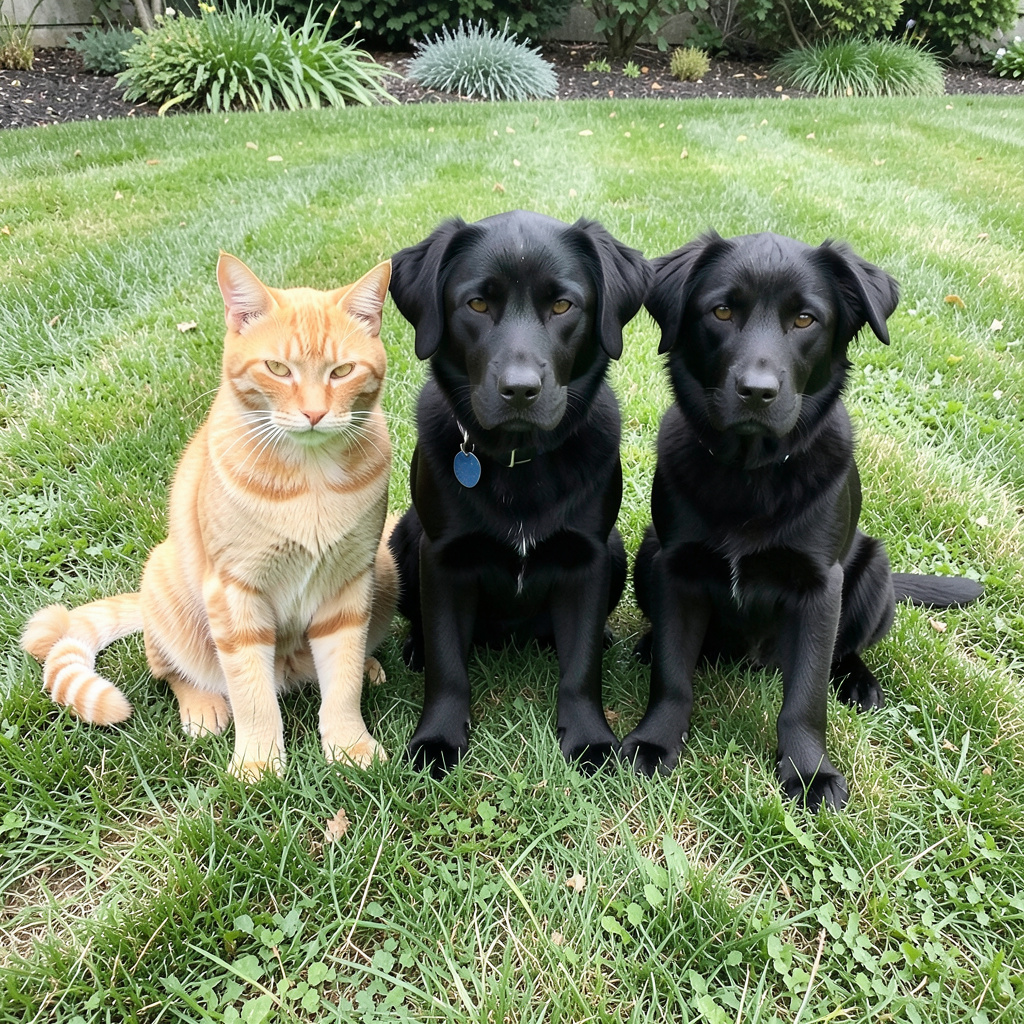 2 orange cats and 3 black dogs sitting together on a grassy 
