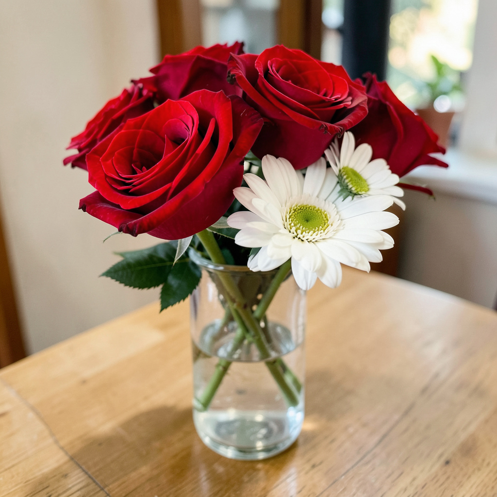4 red roses and 2 white daisies in a glass vase on a table