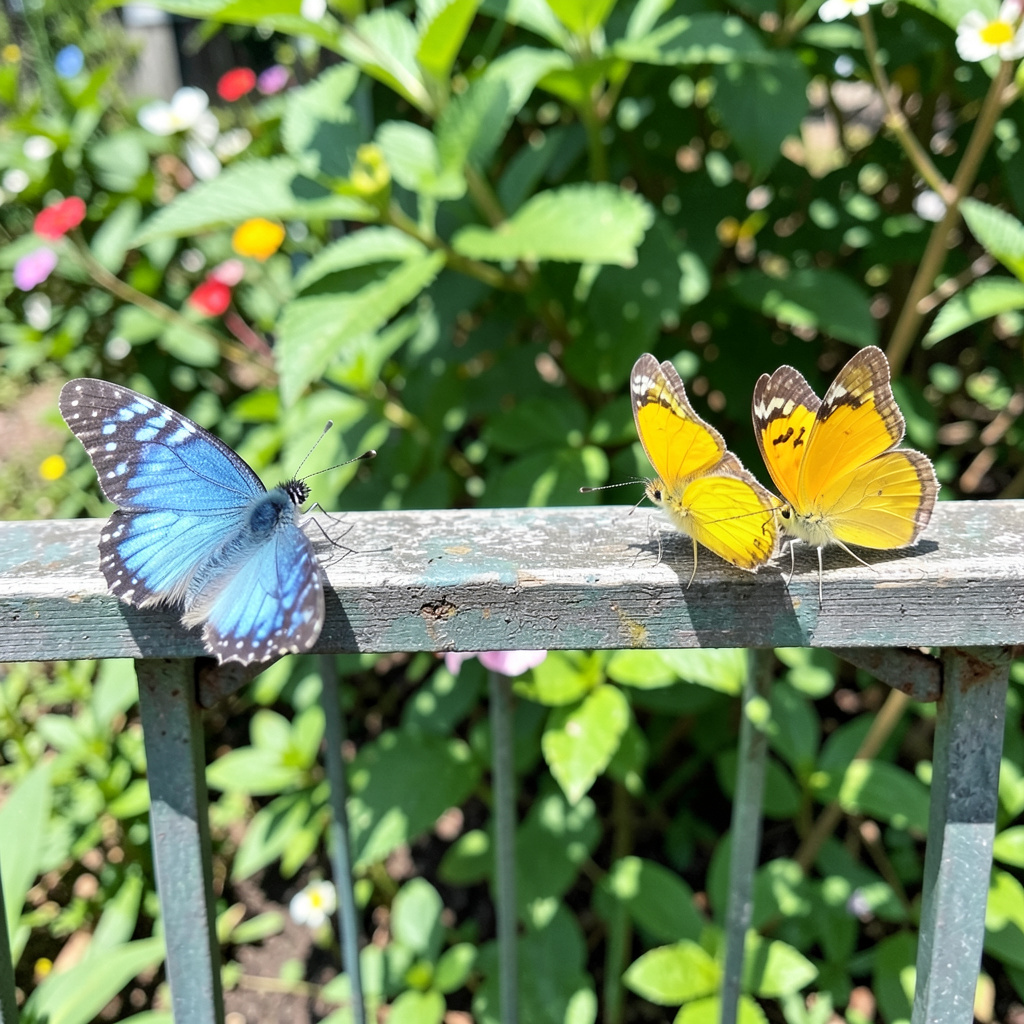 1 blue butterfly and 3 yellow butterflies resting on a garde