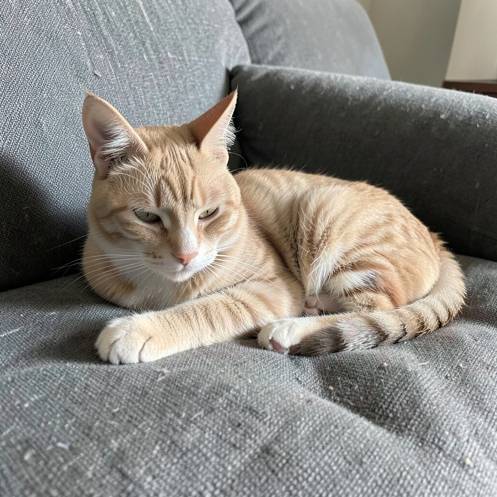 A cat lying on a couch without a collar