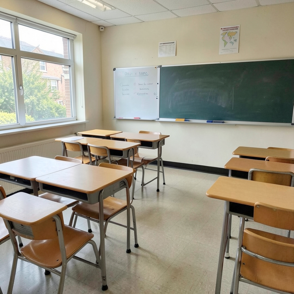 A classroom with desks and a chalkboard but no students