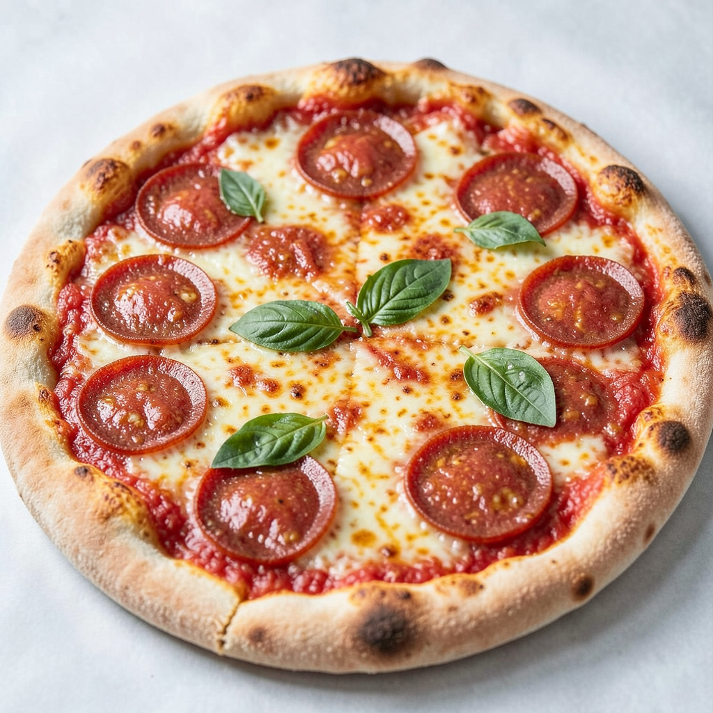 A pepperoni pizza with tomato sauce, basil, and crust but ab