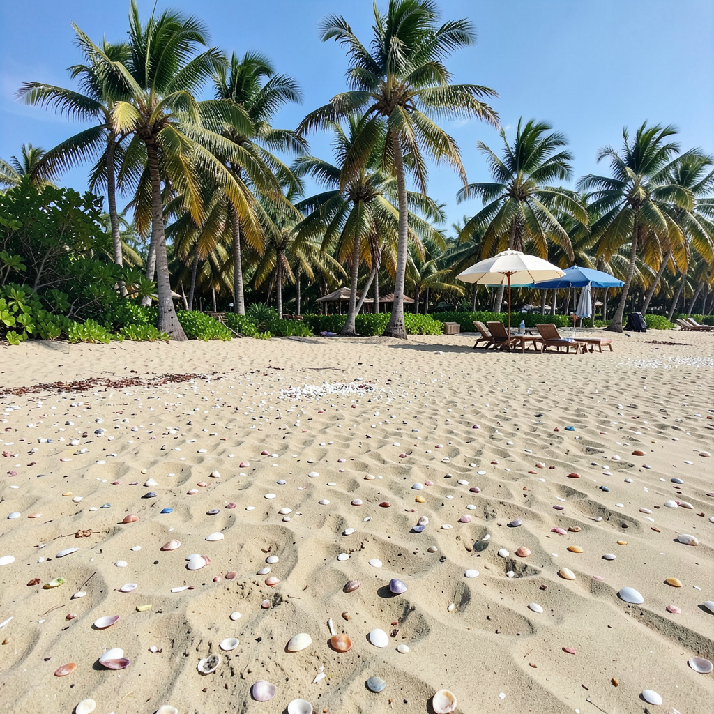 A sandy beach with palm trees, seashells, and a beach umbrel