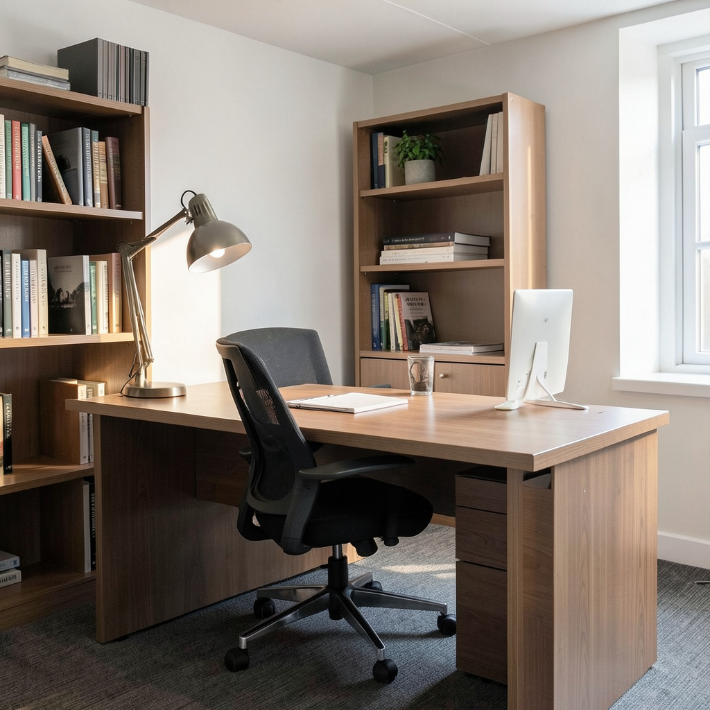 An office workspace with a desk, chair, bookshelf, and lamp 