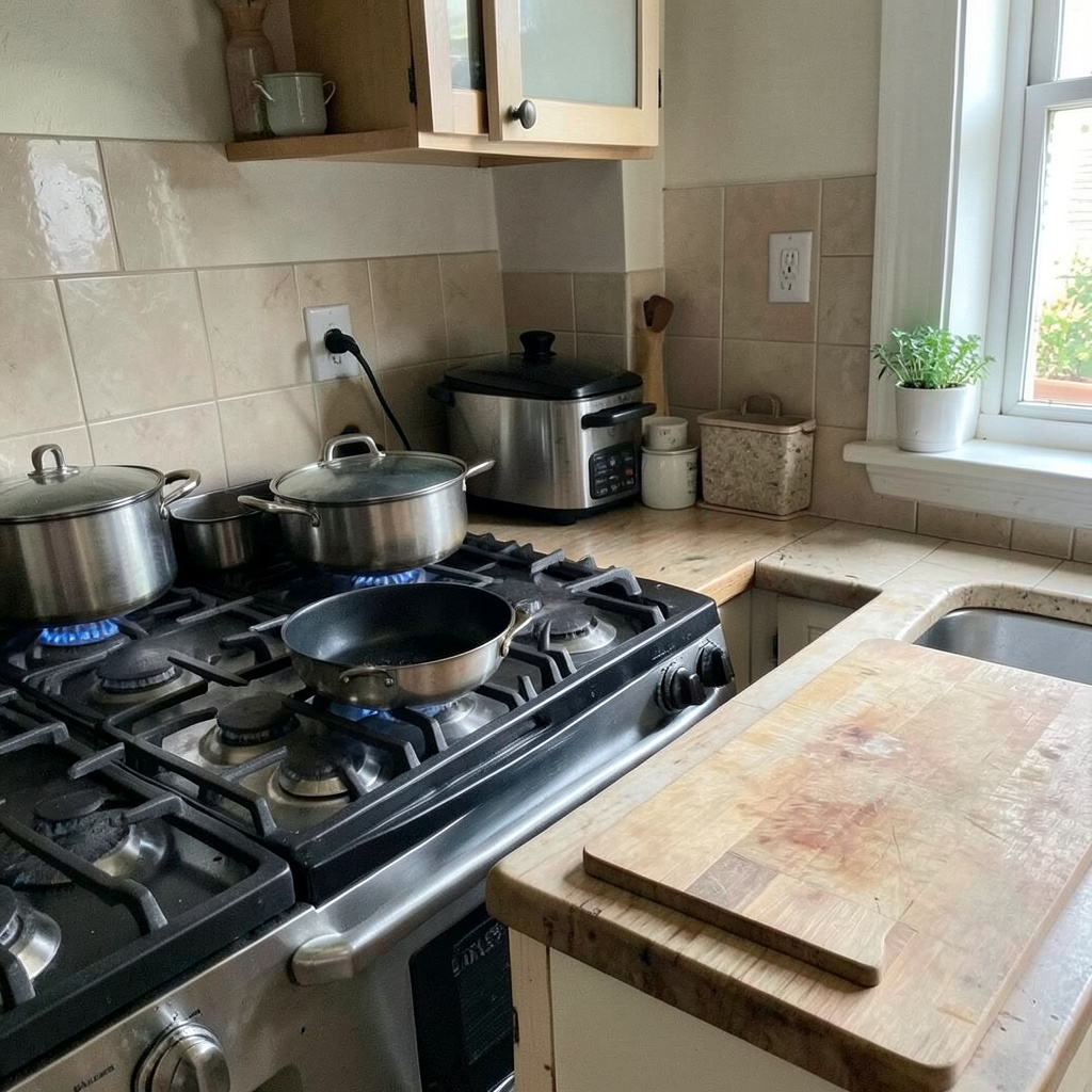A kitchen with pots, pans, a stove, and a cutting board but 
