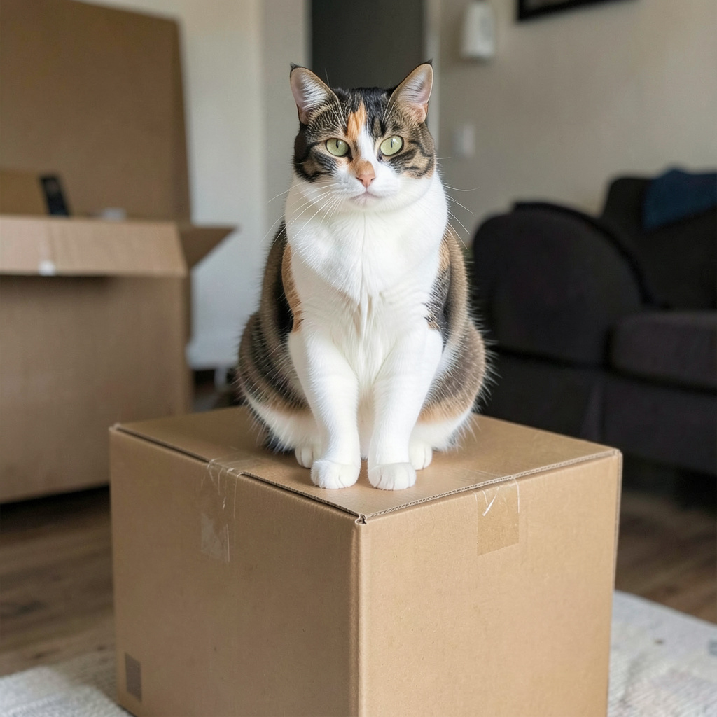 A cat sitting on top of a cardboard box