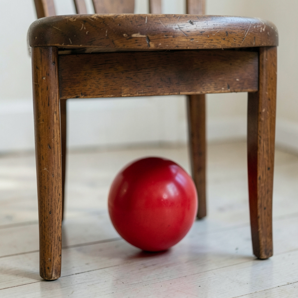 A red ball underneath a wooden chair