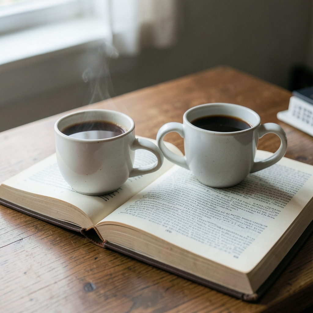 A coffee mug next to an open book on a desk